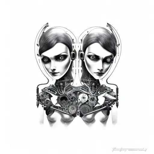 Cyborg Gothic Gemini Sisters Faces Conjoined Holding Hands