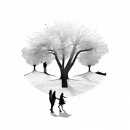 A Blackwork Design Featuring The Silhouettes Of Three Friends Walking Side By Side