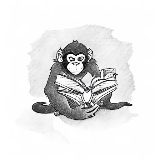 A Tattoo Of A Monkey Reading A Book From The Percy Jackson Series In A Sketch Style