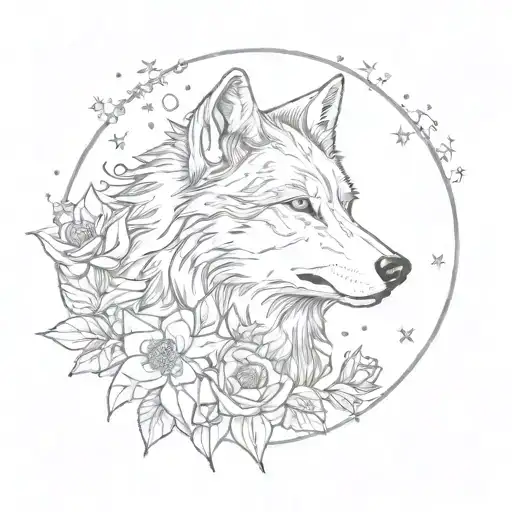 Wolf Whit Flowers Blooming And Wraping Whit A Moon And Stars In The Background