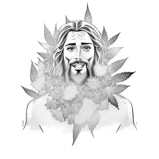A Tattoo Design Depicting Jesus Playing Video Games With A Beard Made Of Weed Leaves