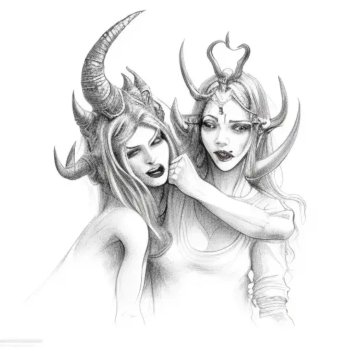 Female Devil And Female Angel Hugging A Jester