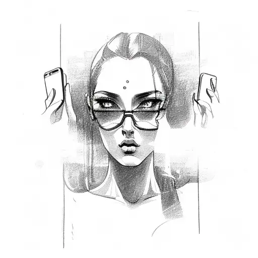 Intricate Sketch Of A Powerful Female Figure Holding A Smartphone