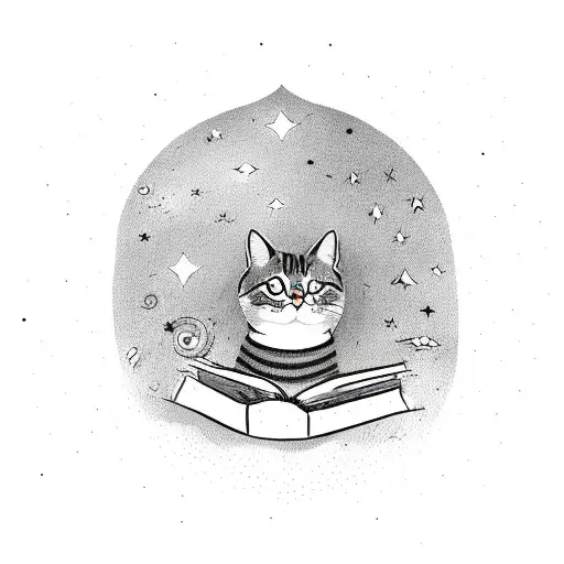 A Whimsical Illustration Of A Cat Reading A Book Under A Starry Sky