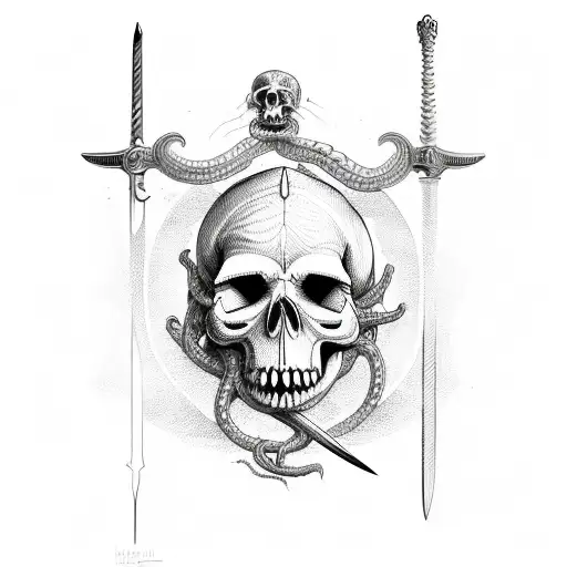 Sword Going Through Skull With Medusas Snakes Wrapping Around