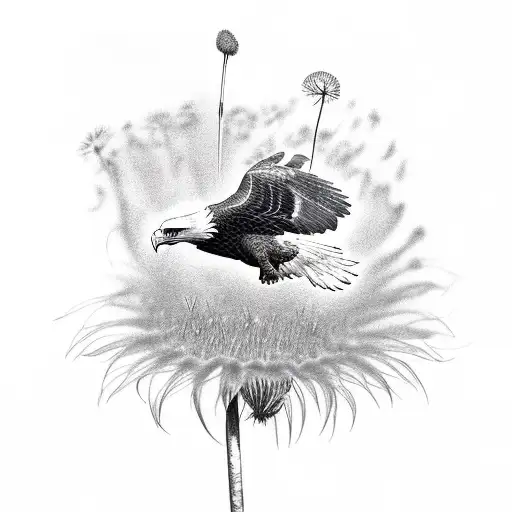 Eagle And A Dive Infront Of A Dandelion That's Having Its Seeds Fly Away