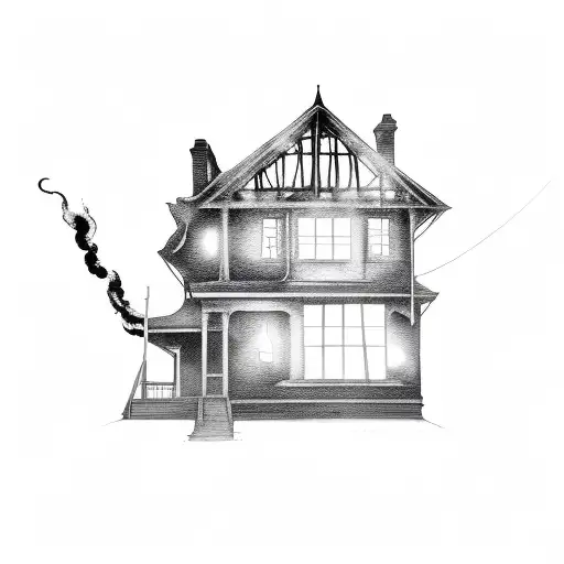 A House On Fire With A Silhouette Of A Man In One Of The Windows
