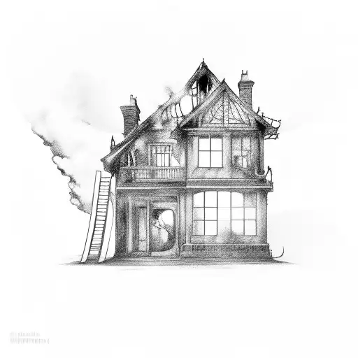 A House On Fire With A Silhouette Of A Man In One Of The Windows