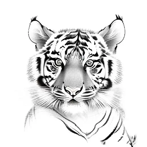 An Intricate Sketch Of A Playful Tiger Cub Surrounded By Bamboo Leaves