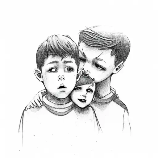Two Boys And One Girl Hold A Boy Crying In Deep Dark Forest