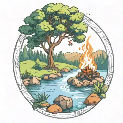 A Rowan Berry Tree And A Campfire Beside A River Waterfalling Down The Front