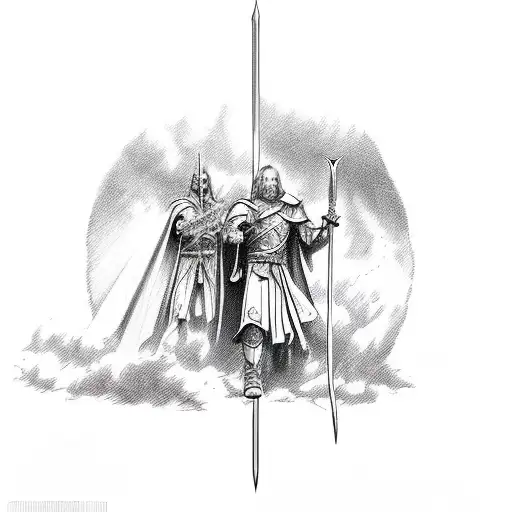 Horizontal Sword With Lord Of The Rings Characters Walking Above It