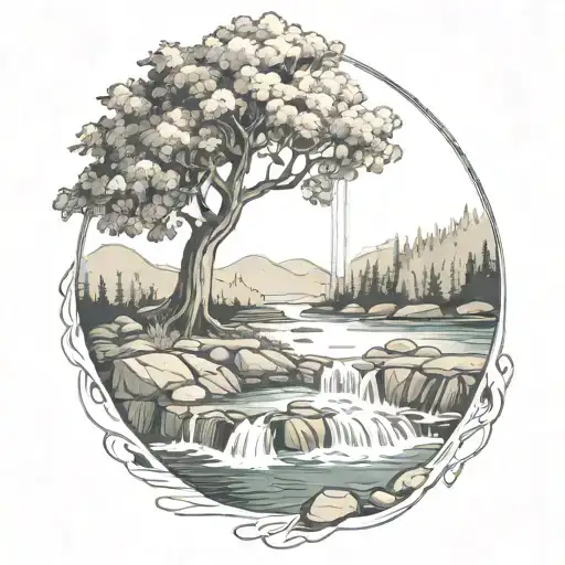 A River With A Campfire And A Berry Tree Beside It Waterfalls Down The Front