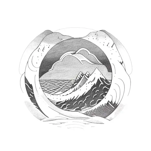 Ocean Waves With The Three Sisters Mountains And A Stylized Compass