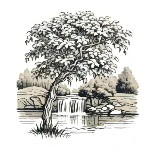 A Rowan Tree Beside A River That Waterfalls Down The Front