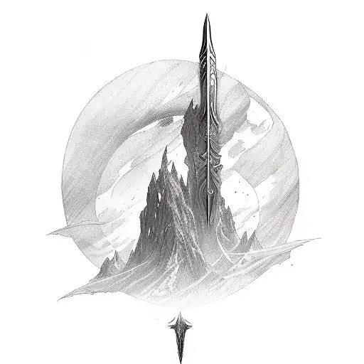 Horizontal Sword With Tolkien Characters Walking Above It