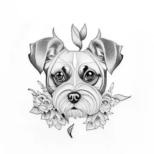 A Stunning Blackwork Tattoo Featuring A Dog Surrounded By Elegant Floral Patterns