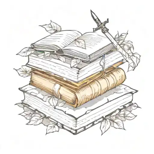 Stacked Books With Sword Going Through The Middle And Leaves Throughout