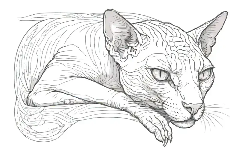 The Sphinx Cat Is Half Lying On Its Right Side And Looking Slightly Below The Observer