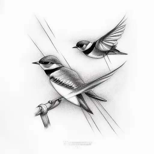 Fine Line Feminine Two Small Swallows Flying Located On Back Of Shoulder