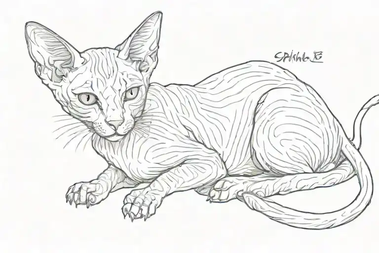 The Sphinx Cat Is Half Lying On Its Left Side And Looking Slightly Below The Observer