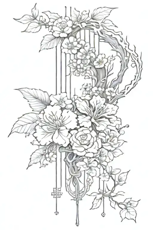 Fine Line Black And Red Japanese Theme Spine Tattoo With Floral Elements