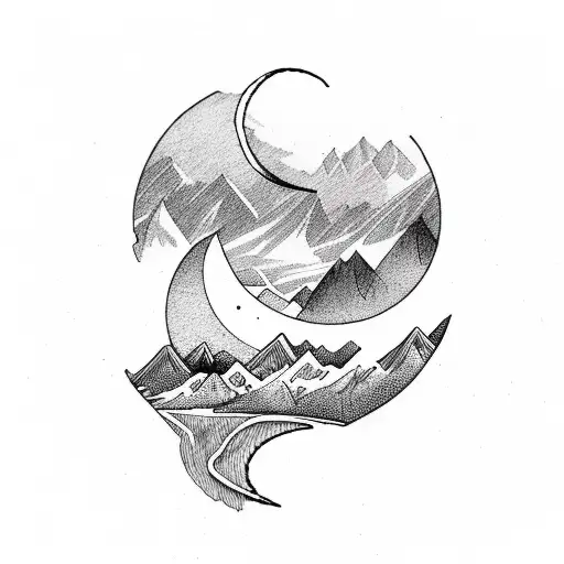 Crescent Moon And Mountains