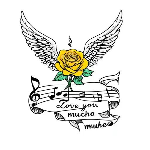 Memorial Tattoo With Saying Love You Mucho Mucho With Music Note Yellow Rose And Angel Wings