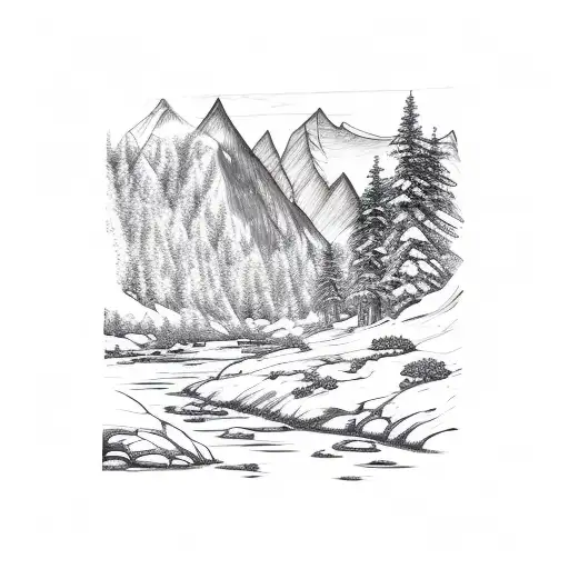Mountain Scene With River And Trees