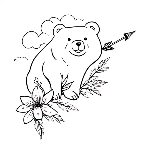 Bear With Cloud In Minimalist Background And Flower And Arrow