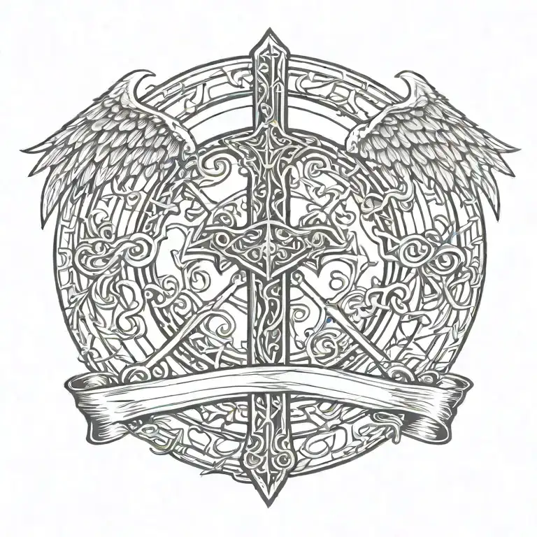 Legolas Sword Handles Behind Templar Shield Wings Behind A Cross With Ribbon