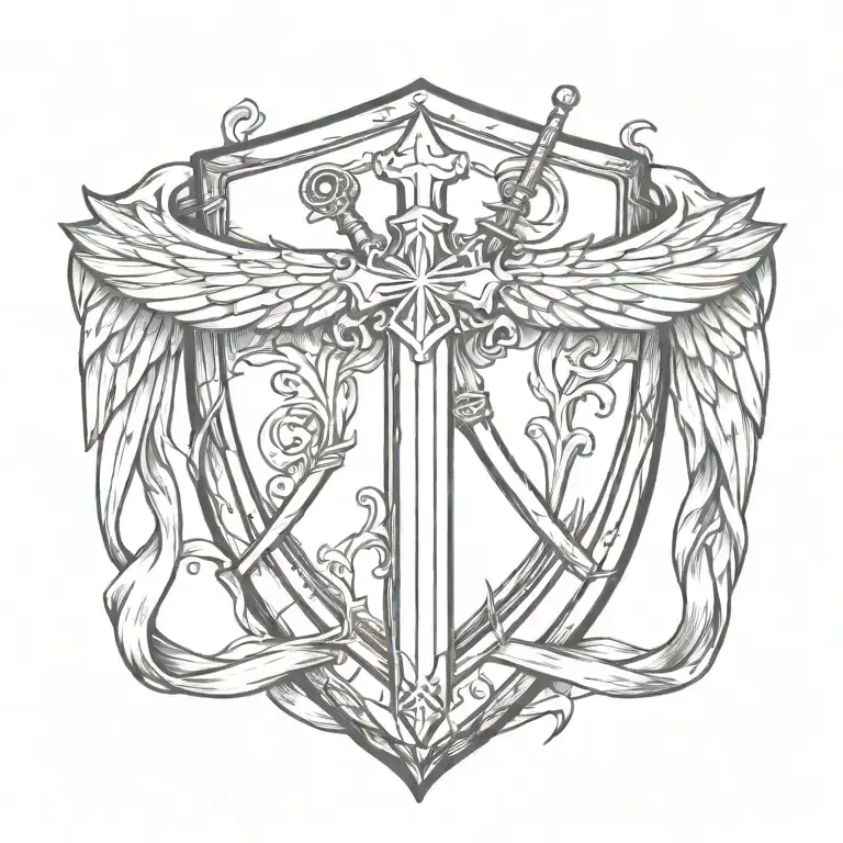 Swords Handles Behind Templar Shield With Cross With Ribbon And Wings