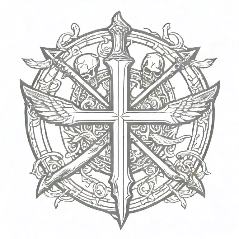 Swords And Wings Behind Templar Shield With Templar Cross