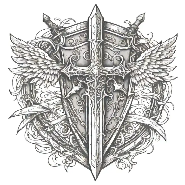 Legolas Sword Handles Behind Templar Shield With Cross With Ribbon And Wings