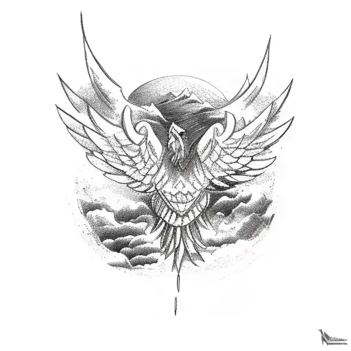 A Mountain Range Arm Band With A Phoenix In The Foreground