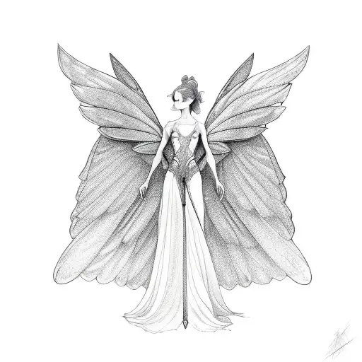 A Fine Line Delicate Fairy With Elegant Wings In A Fine Line Style Without Shading