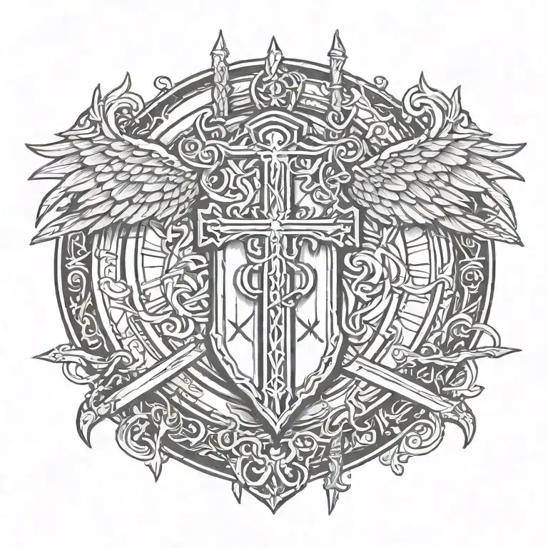 Sword Handles Behind Templar Shield With Winged Cross