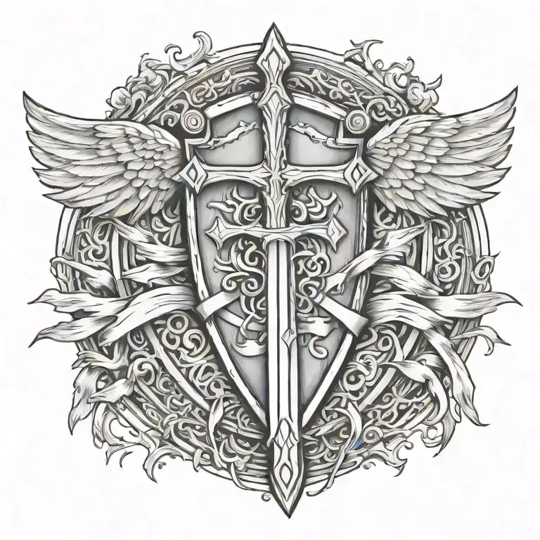 Sword Handles Behind Templar Shield With Wings Behind A Cross With Ribbon