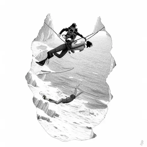 Climber Hanging Upside Down On A Cliff Over The Sea Kissing A Diver In The Sea Over The Water