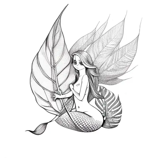 Ariel The Mermaid And Monstera Leaves