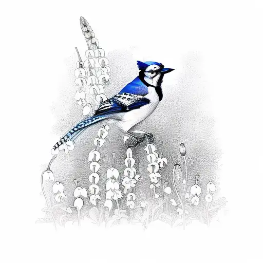 Blue Jay With Lily Of Valley And Poppy Flowers
