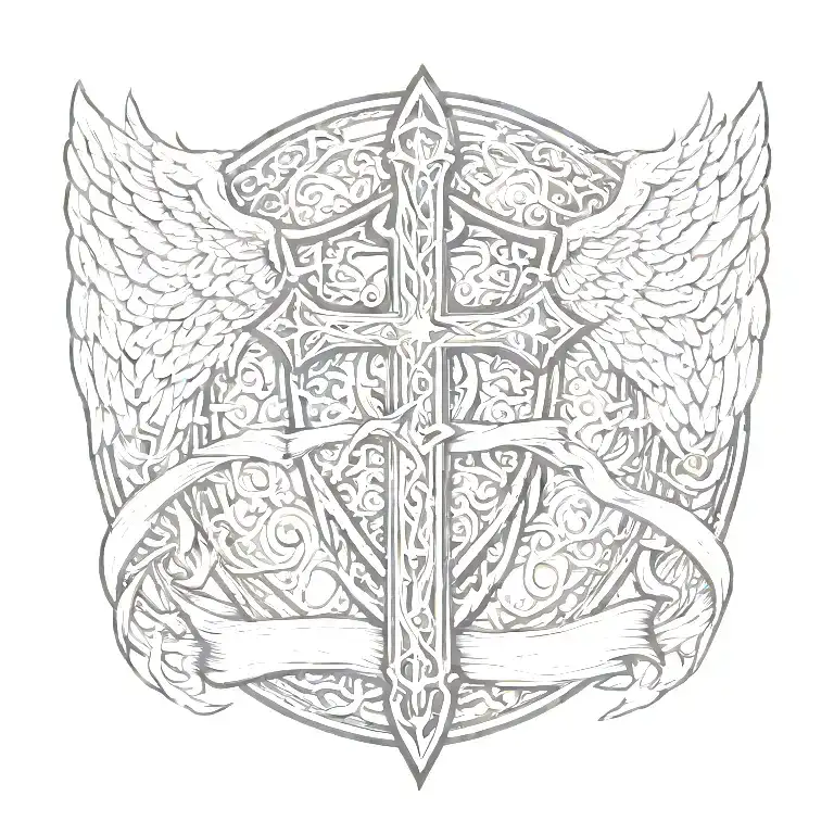 Lord Of The Rings Sword Handles Behind Templar Shield Wings Behind A Cross With Ribbon