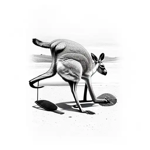 Kangaroo On Beach Witg Malabu Surfboard