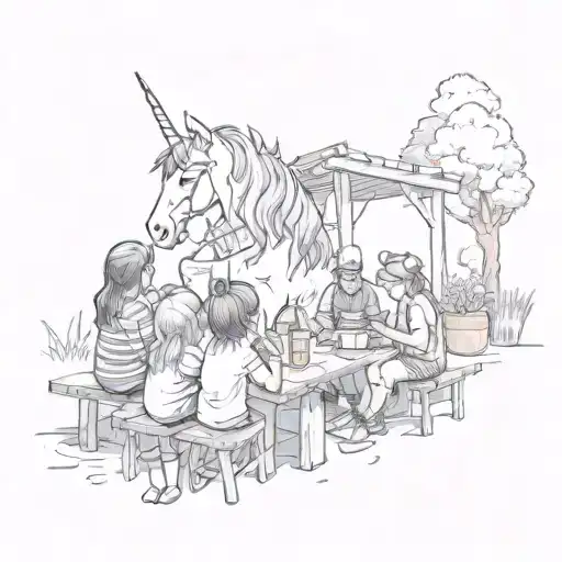 A Mystical Unicorn Reading Stories To A Group Of Children At A Lemonade Stand