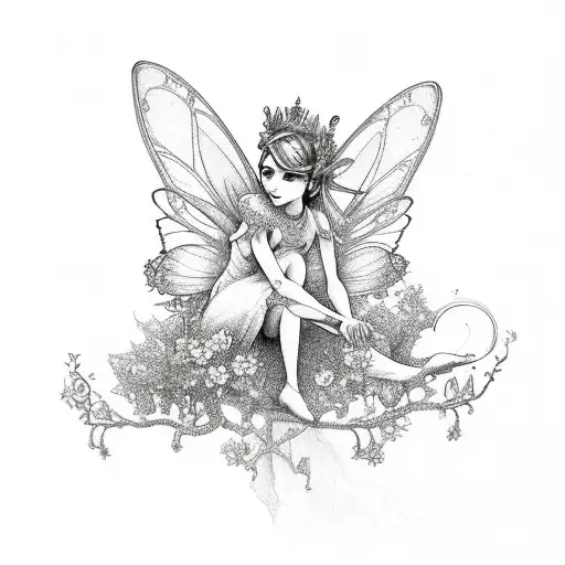 A Whimsical Fairy Sitting On A Delicate Flower In A Fine Line Style