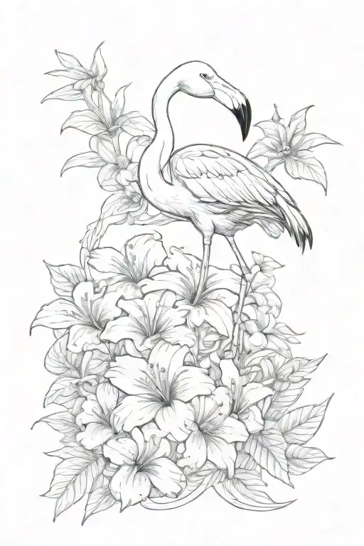 Flamingo And Hibiscus Flower Surrounded