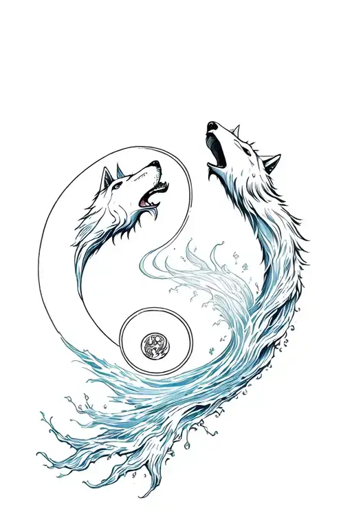 Ying Yang Wolves Flowing Water Howling At The Moon