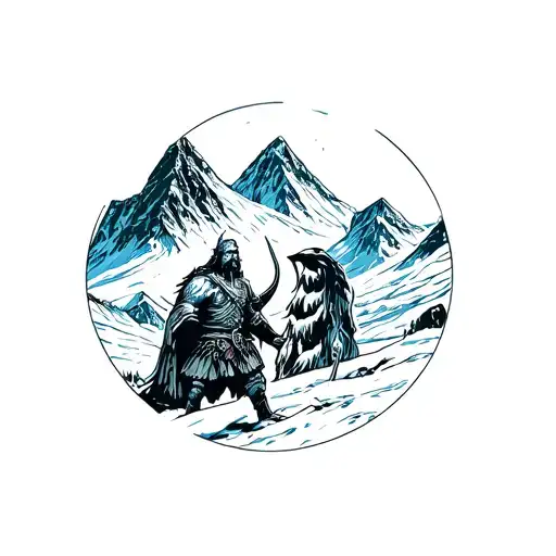 A Bare-chested Viking In The Snow With A Mountain In The Background
