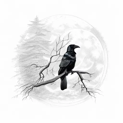 Illustration Of A Raven Perched On A Moonlit Branch In A Dense Dark Forest