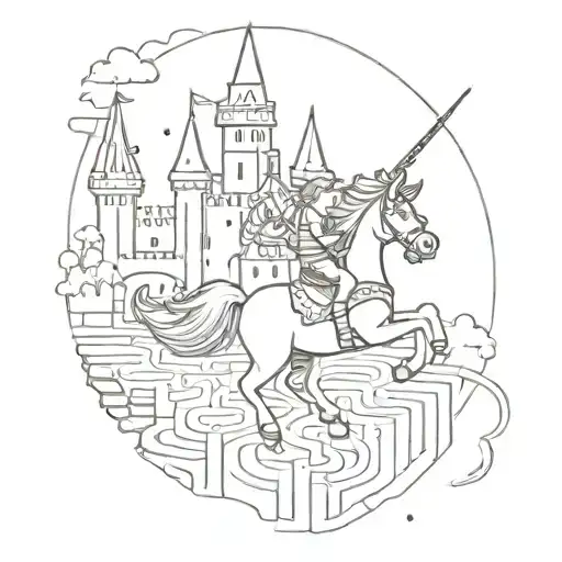 A Sketch Of Kids Riding On A Unicorn Through A Magical Castle Maze